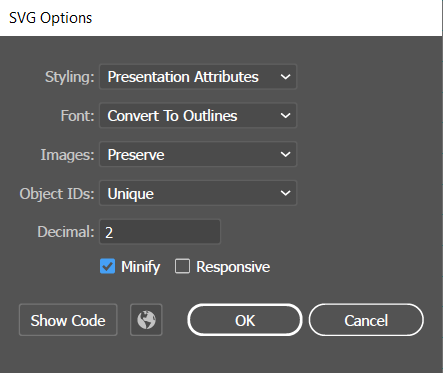 Setting Page Size SVG export options in Illustrator